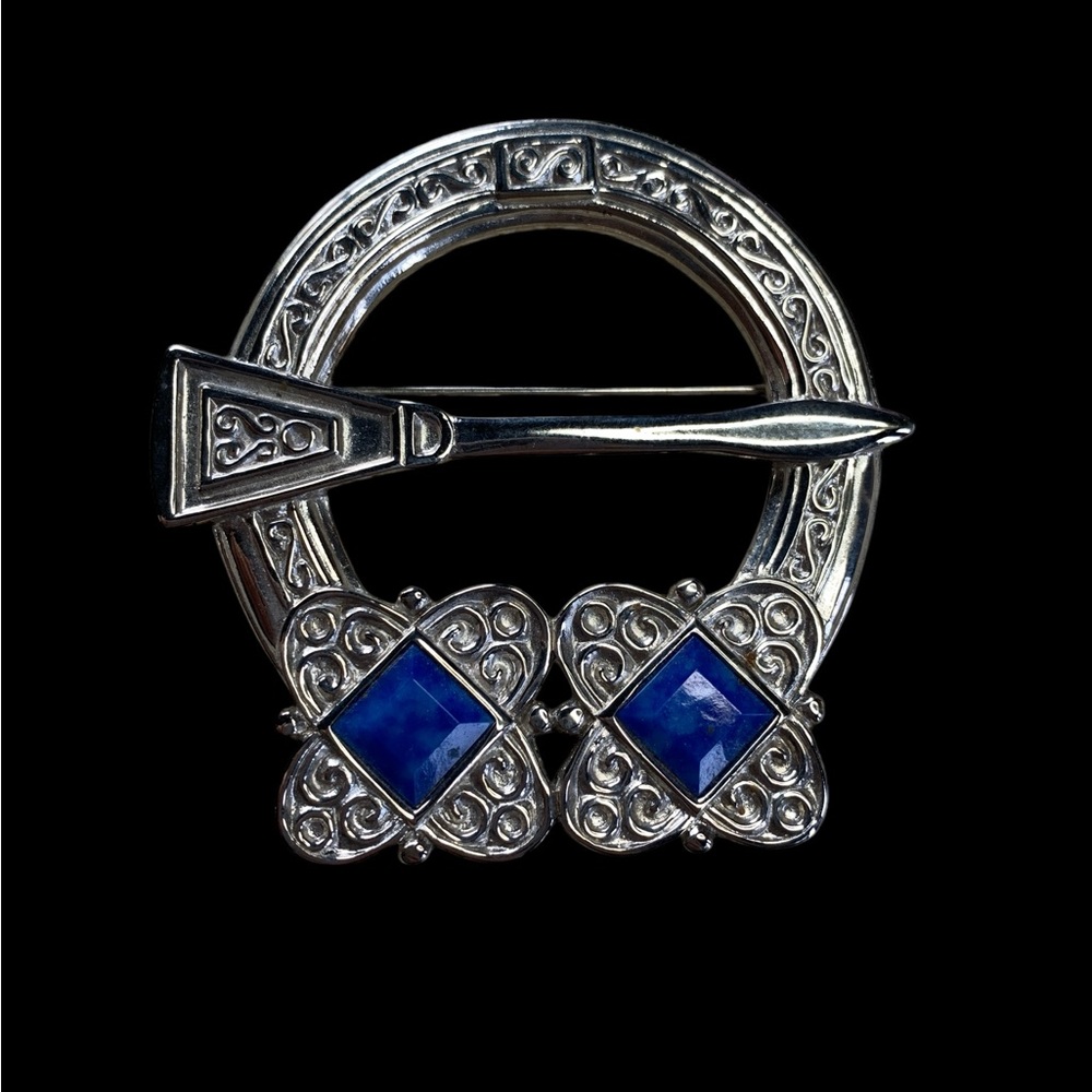 Large Silver Scottish Celtic Brooch with Blue Stones